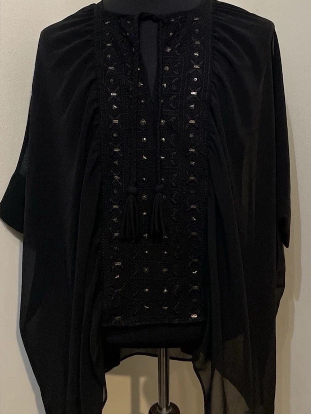 Free People Black Embellished Boho Blouse